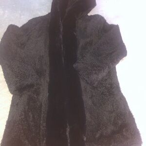 Reversible Black Faux Fur Coat w/ Hood